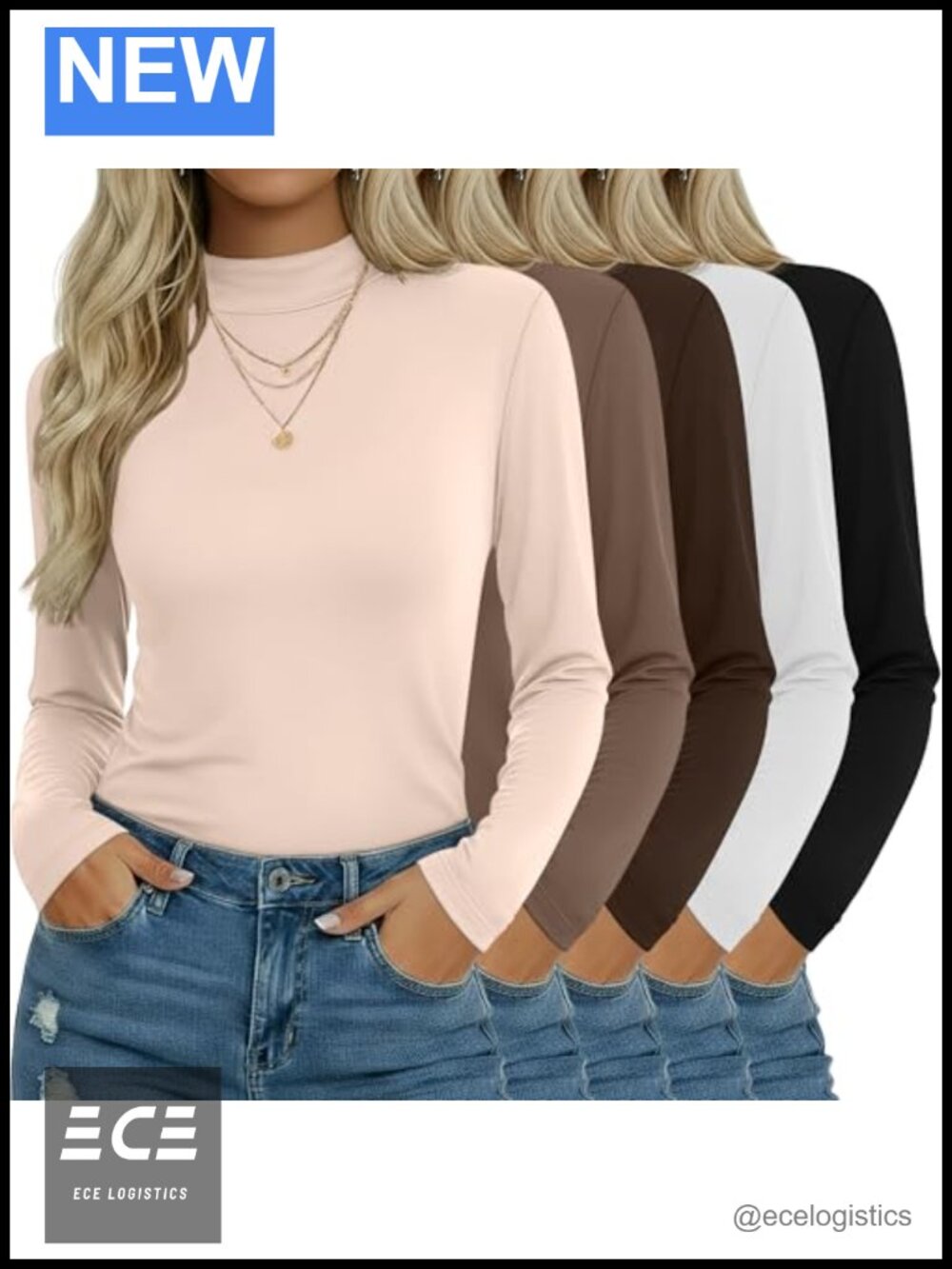 Womens Mock Turtleneck Base Layer Tops 5 Pack Long Sleeve Cotton Blend
